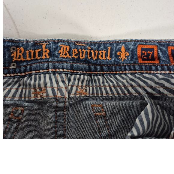 Rock Revival Heavy Stich Embroidered Pocketss Amy Boot Blue Jeans Crop Capri 27 - Picture 2 of 3